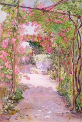 Ein Rosenlaubengang und alter Brunnen in Venedig